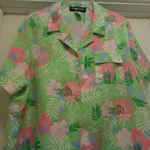 TROPICAL PARADISE GIRL LIME W PINK FLOWERS SHIRT BLOUSE BY SAG HARBOR X LG - Picture 4 of 7